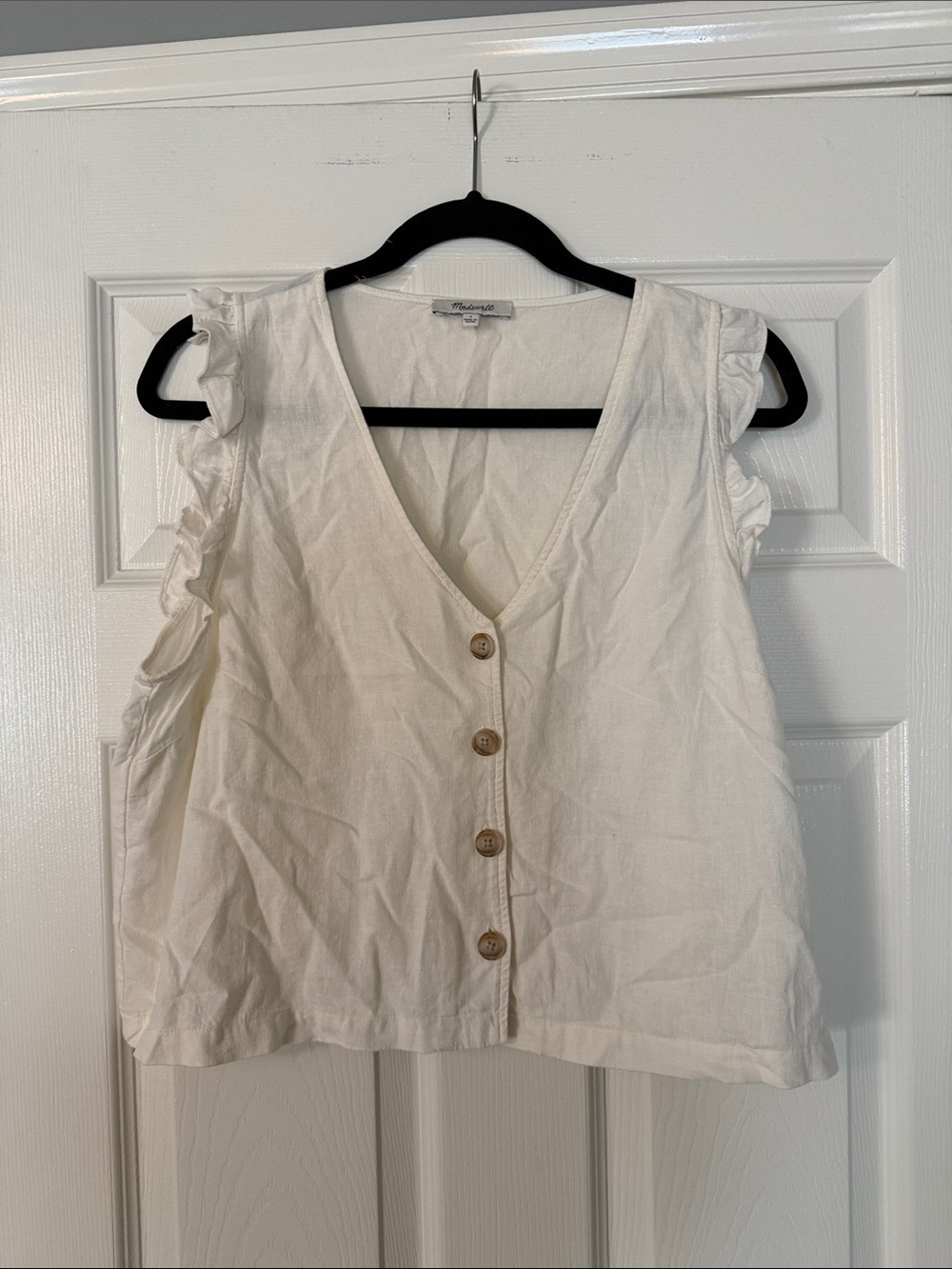 Madewell Cream Button-Front Ruffle Sleeve V-Neck Top